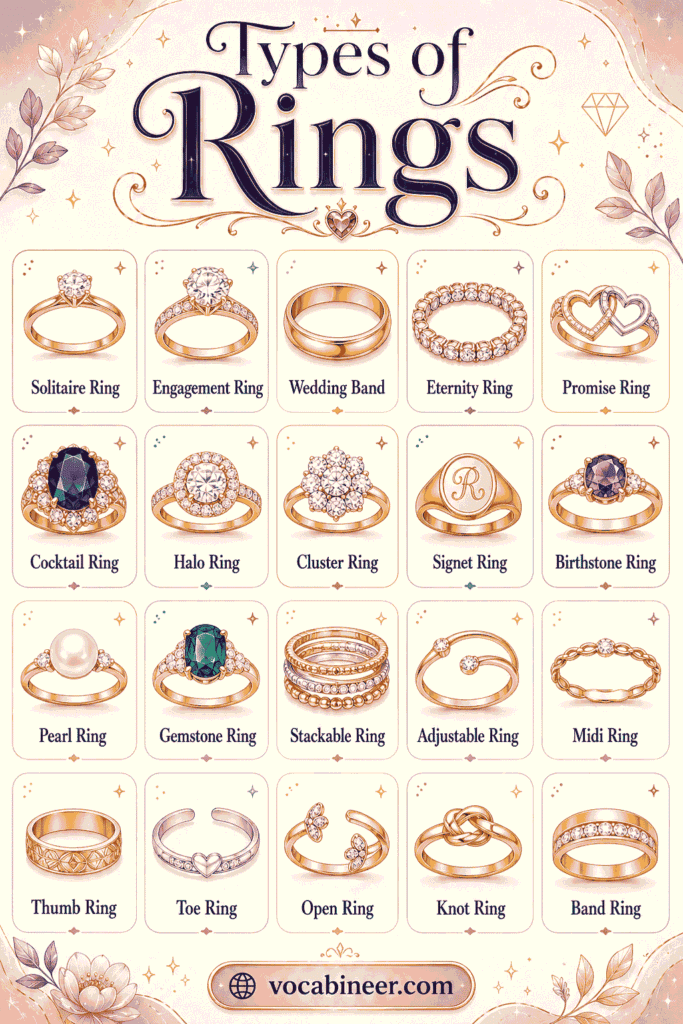A visual jewelry chart showing types of rings with names, including engagement rings, wedding rings, promise rings, signet rings, cocktail rings, and birthstone rings.