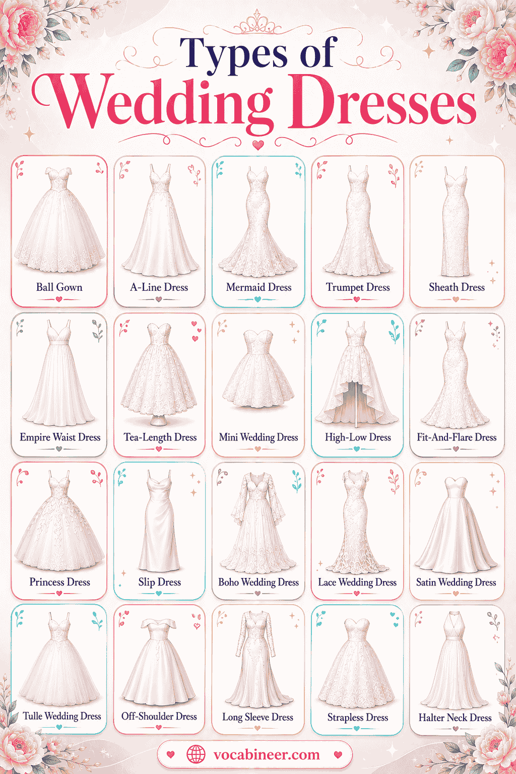A visual bridal fashion chart showing 80+ types of wedding dresses in English with pictures, including ball gown, A-line, mermaid, trumpet, sheath, lace, boho, and tea-length styles.