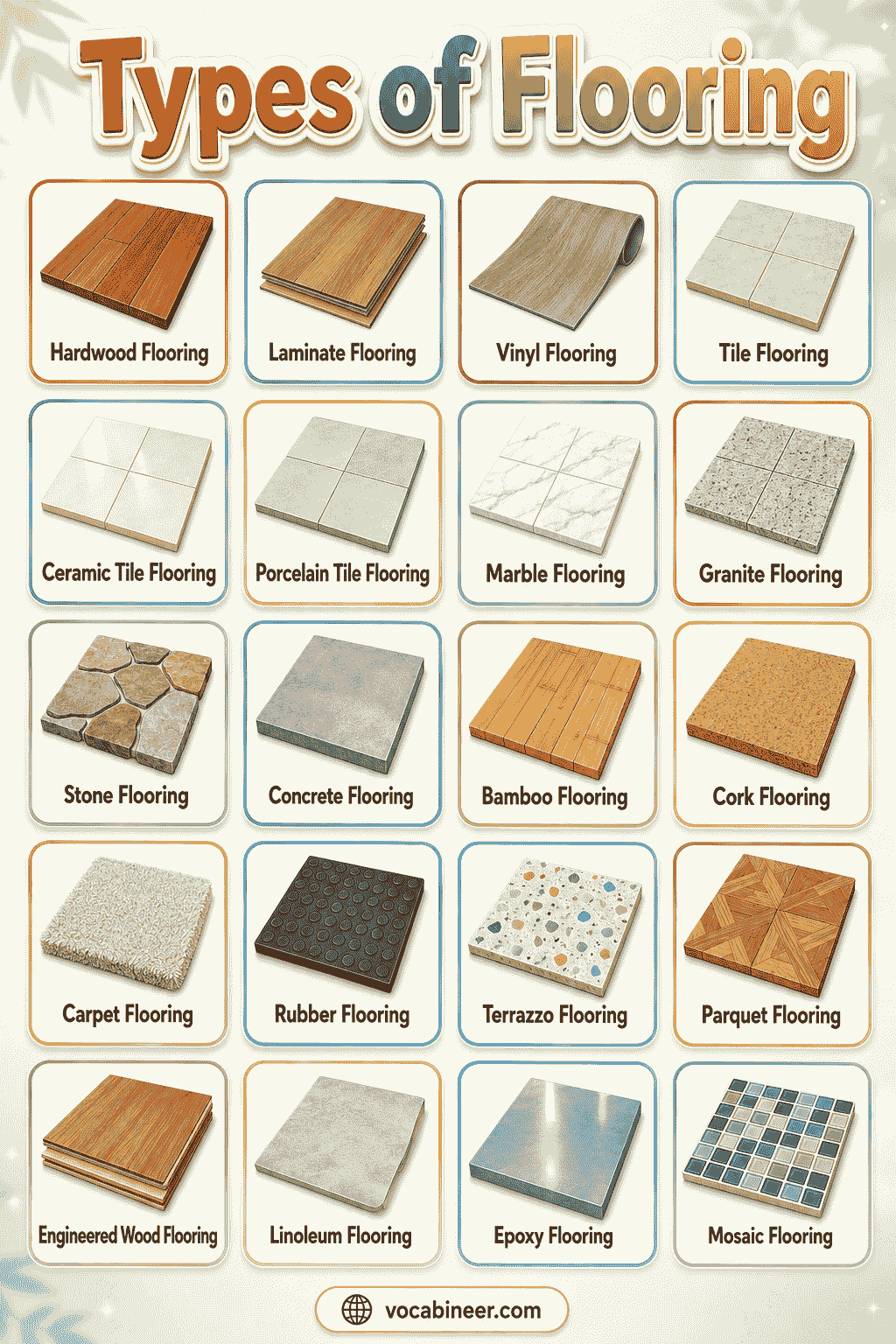 A visual room flooring guide showing flooring choices for living rooms, kitchens, bathrooms, bedrooms, outdoor areas, and commercial spaces.