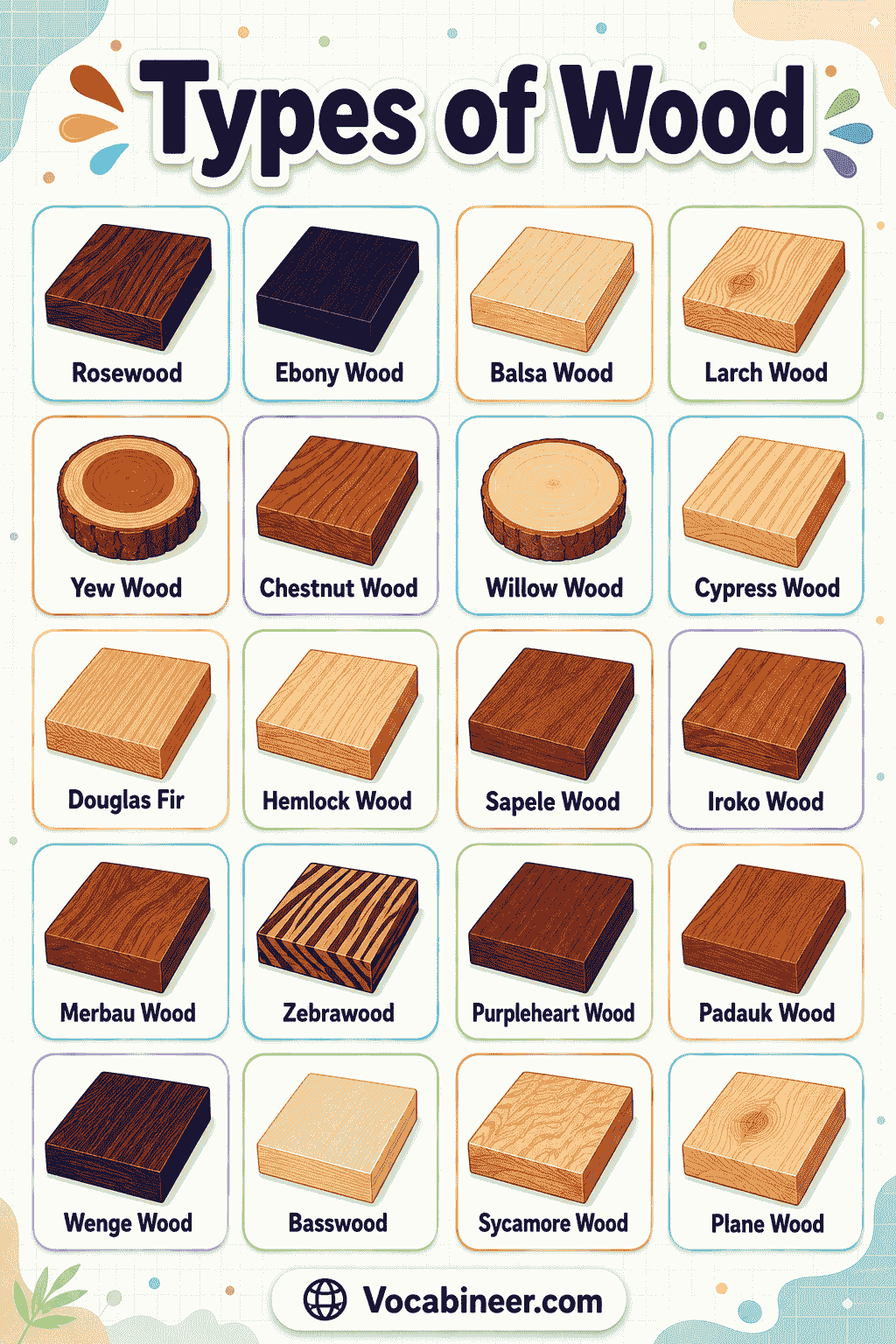 A visual wood guide showing wood types for furniture and flooring, including oak wood, maple wood, walnut wood, cherry wood, teak wood, bamboo, and engineered wood flooring.