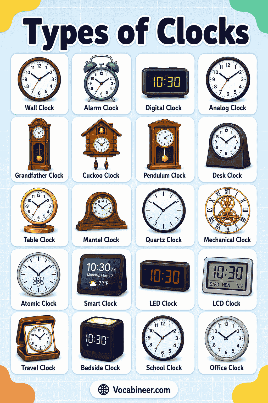 A simple clock chart showing common clock types and their uses, including wall clocks for rooms, alarm clocks for waking up, desk clocks for workspaces, and mantel clocks for decoration.