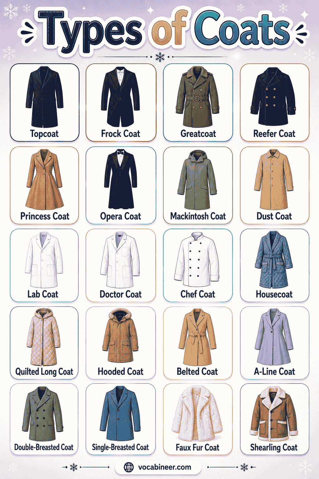Common coat names in English with picture examples, including trench coat, overcoat, pea coat, parka, duffle coat, raincoat, wool coat, and puffer coat.