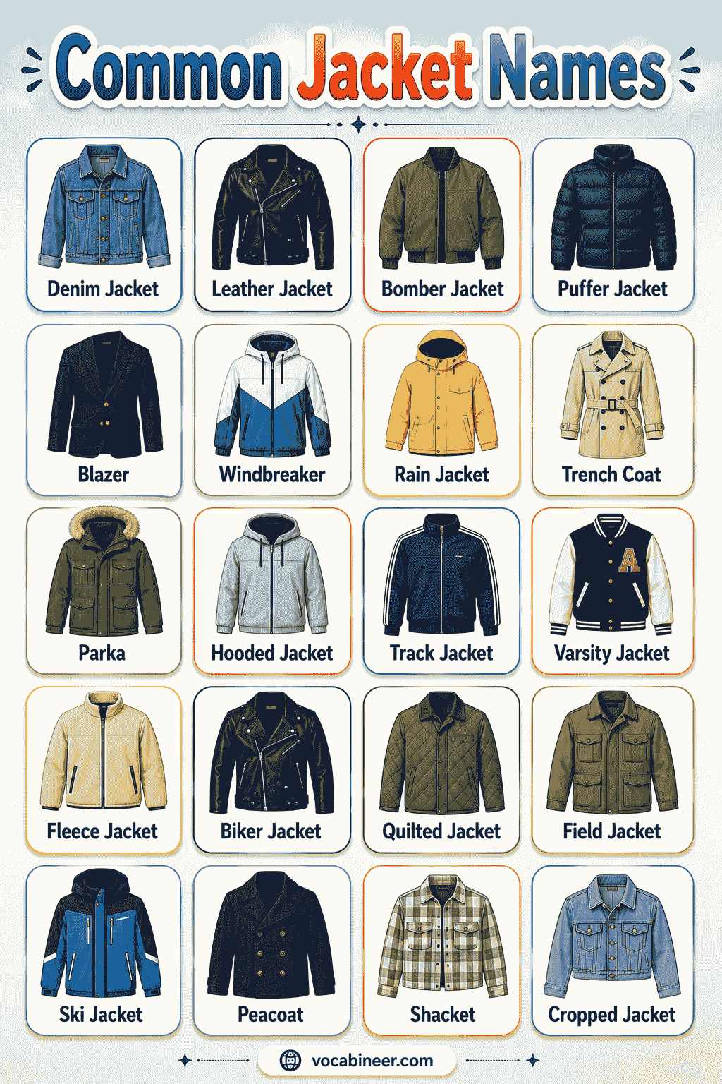 Common jacket names in English with picture examples, including denim jacket, leather jacket, bomber jacket, puffer jacket, blazer, rain jacket, and windbreaker.