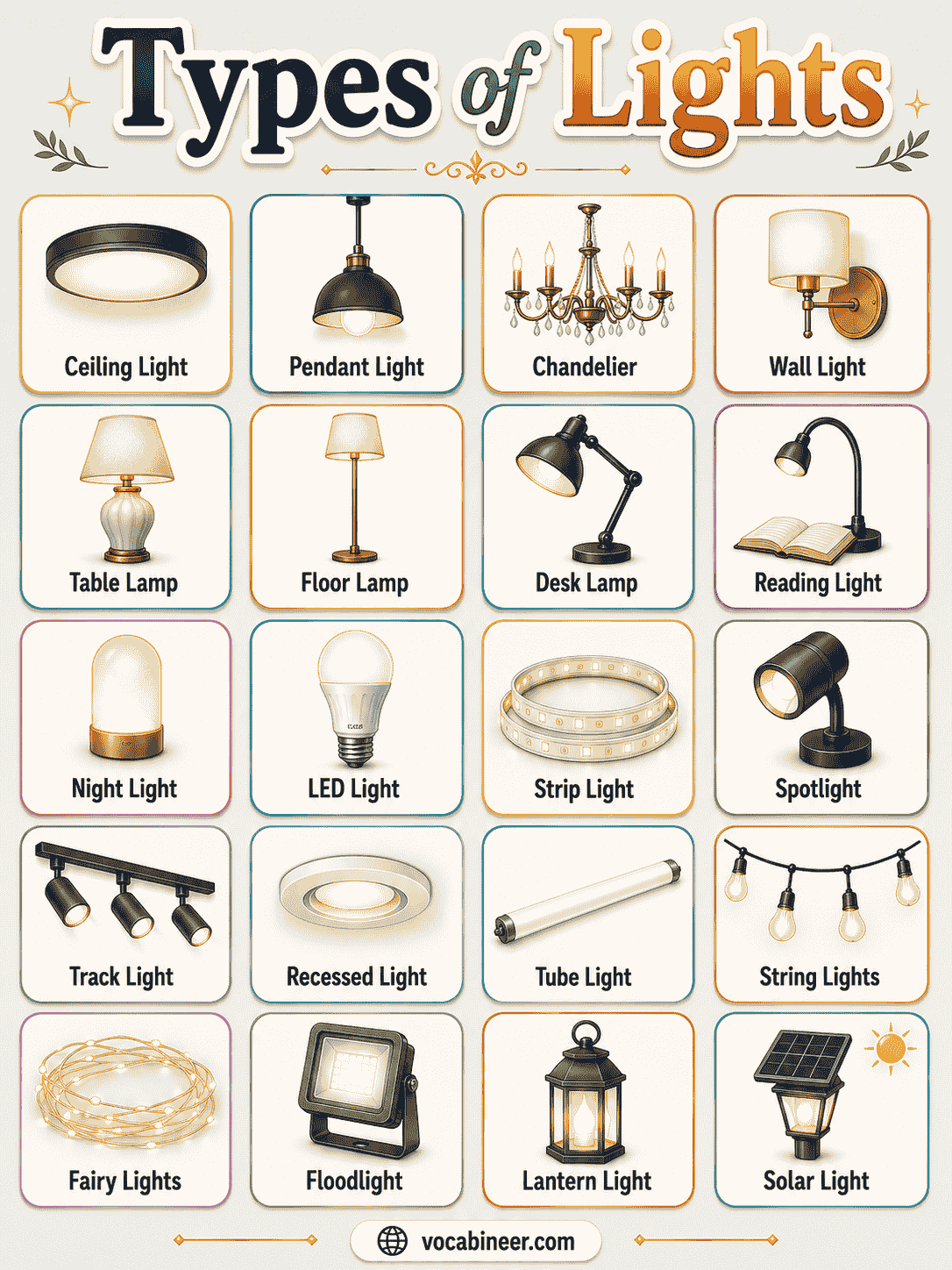 A visual lighting vocabulary chart showing common light types with pictures, including natural light, artificial light, LED light, warm light, cool light, soft light, and bright light.