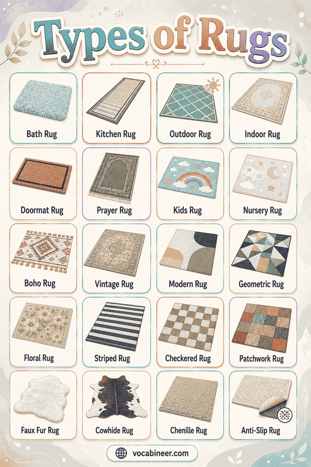 A picture chart showing common rug names such as area rug, accent rug, runner rug, shag rug, and flatweave rug.