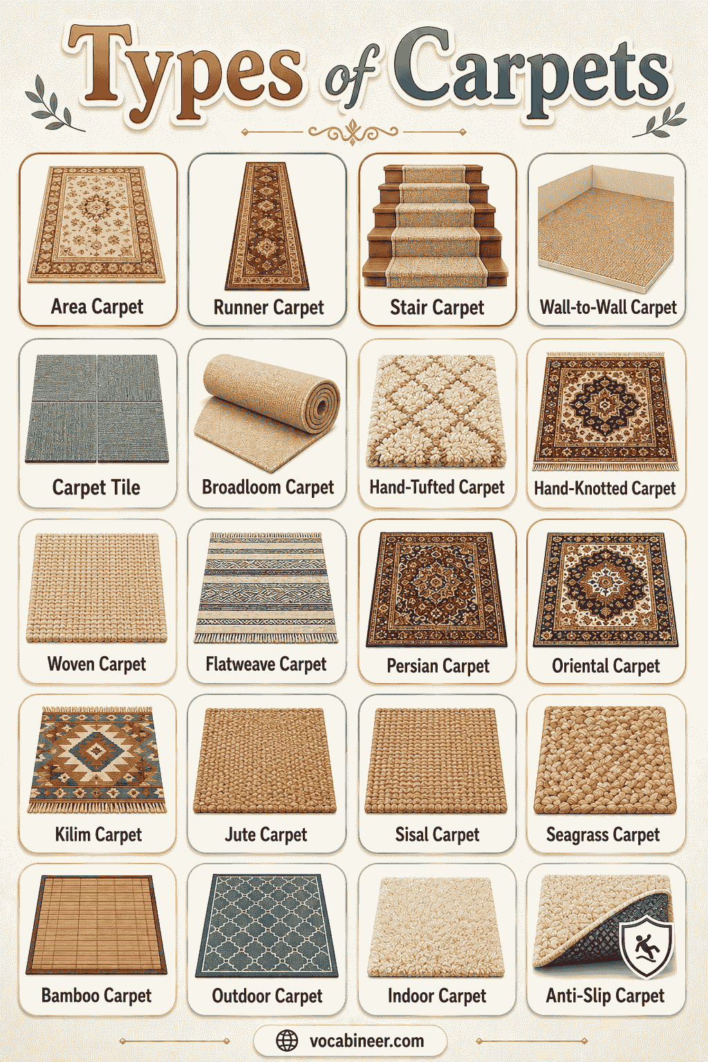 A visual carpet guide showing common types of carpets with pictures, including area carpet, wool carpet, nylon carpet, Persian carpet, Berber carpet, and shag carpet.