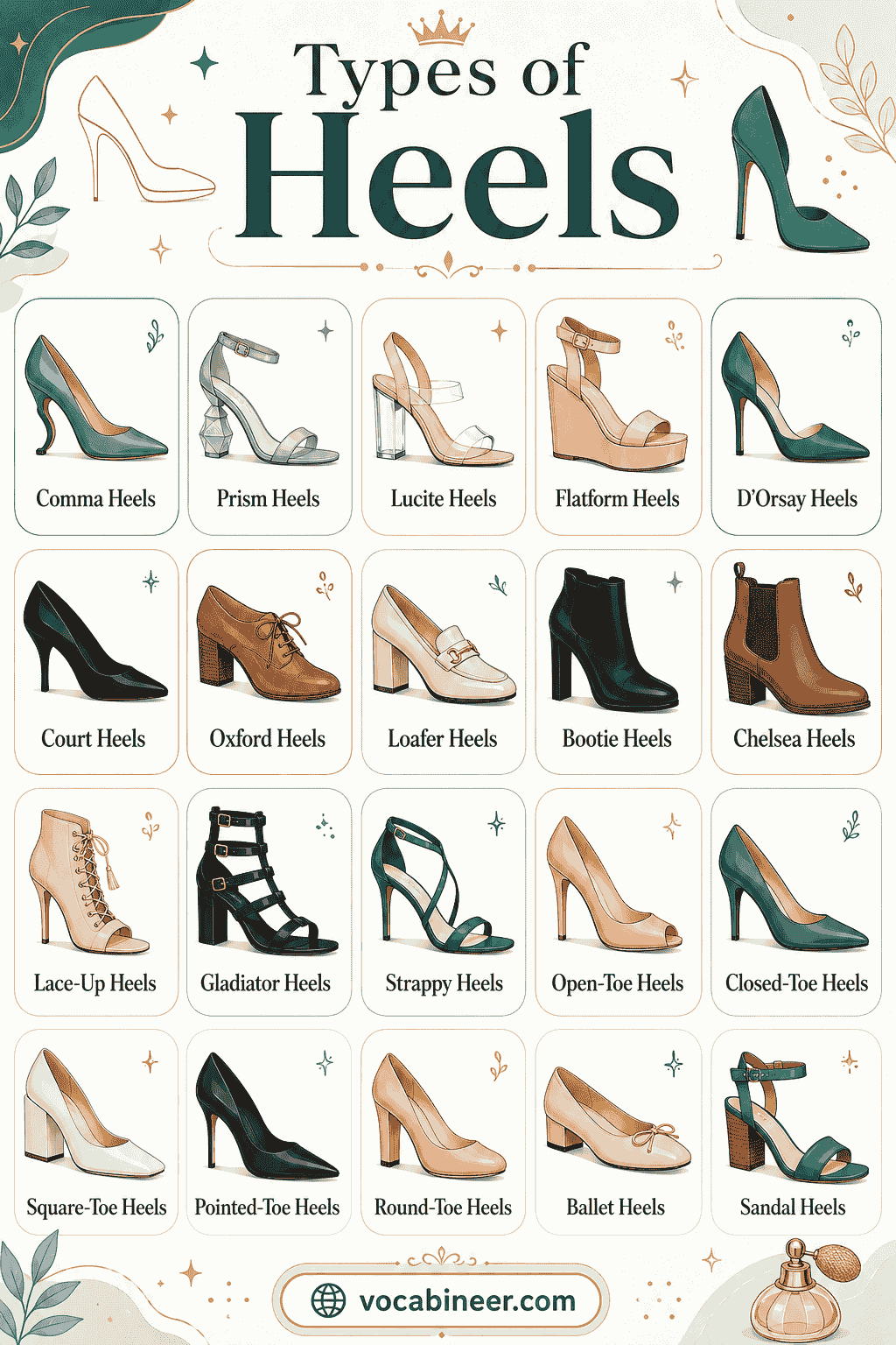 A visual footwear chart showing common types of heels with names and pictures, including stiletto heels, block heels, kitten heels, wedge heels, platform heels, cone heels, spool heels, and chunky heels.