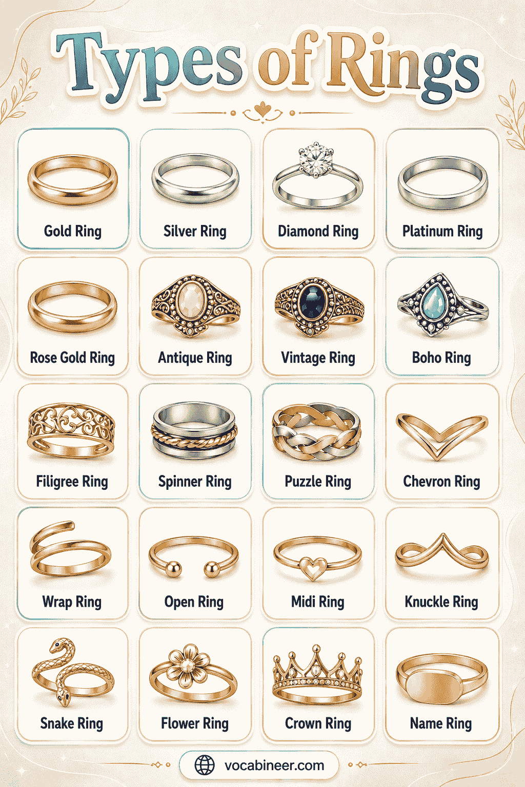 A visual jewelry vocabulary chart showing common types of rings and their meanings in English, including engagement rings, wedding rings, promise rings, signet rings, birthstone rings, and class rings.