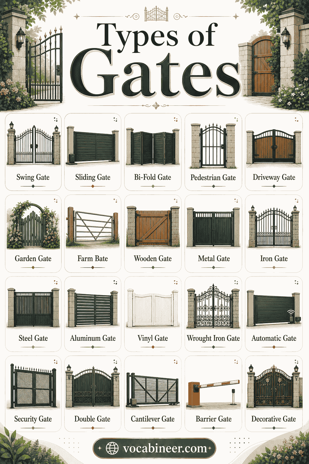 various gate designs including swing, sliding, bi-folding, cantilever, rolling shutter, barrier, pedestrian, security, and decorative gates