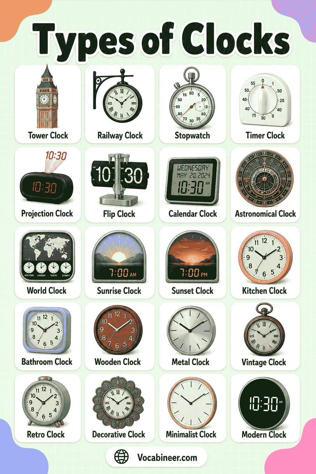 A visual clock guide showing different types of clocks with names and pictures, including wall clock, table clock, desk clock, alarm clock, analog clock, digital clock, mantel clock, grandfather clock, cuckoo clock, pendulum clock, quartz clock, and atomic clock.