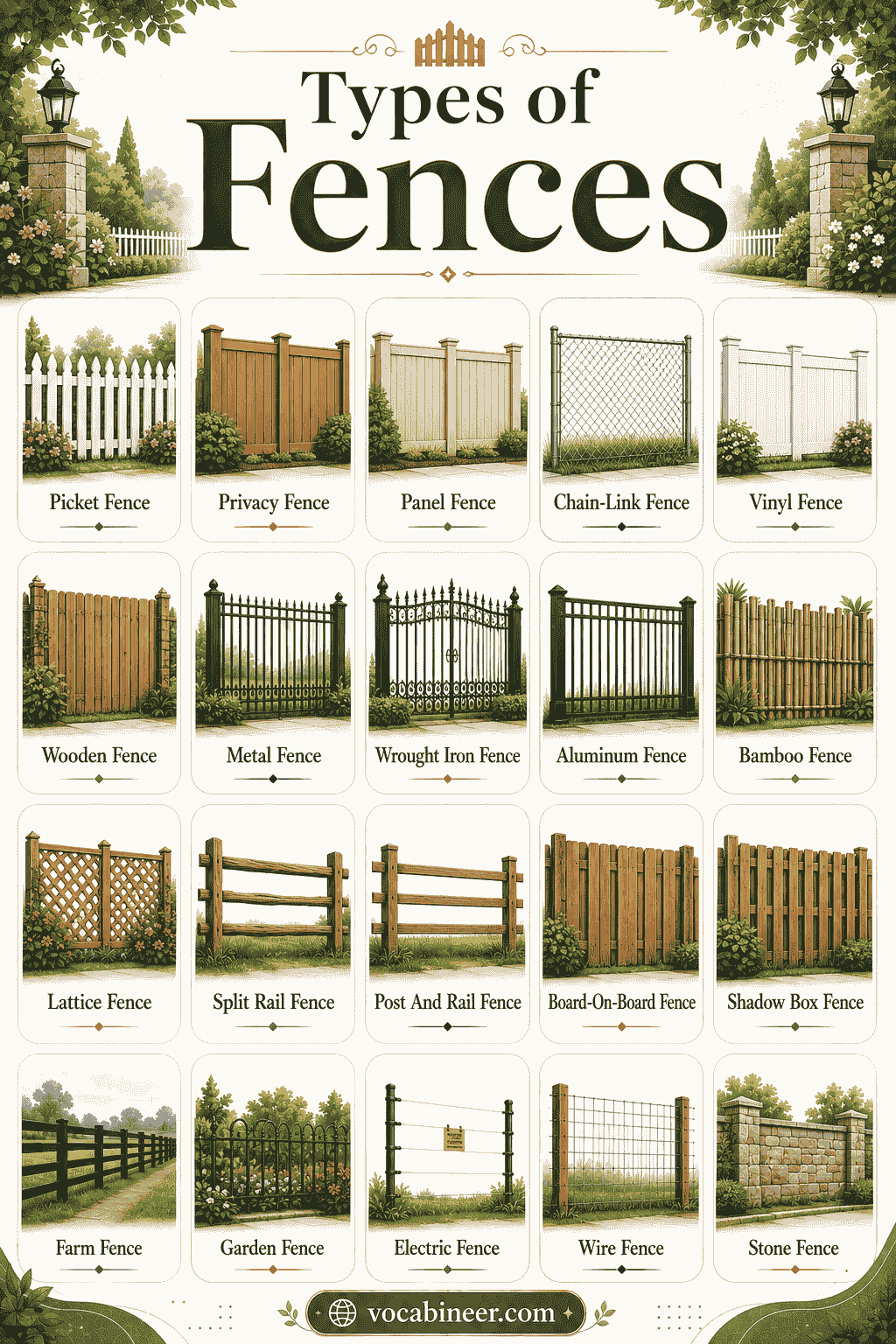 Different Types of Fences with Names and Pictures