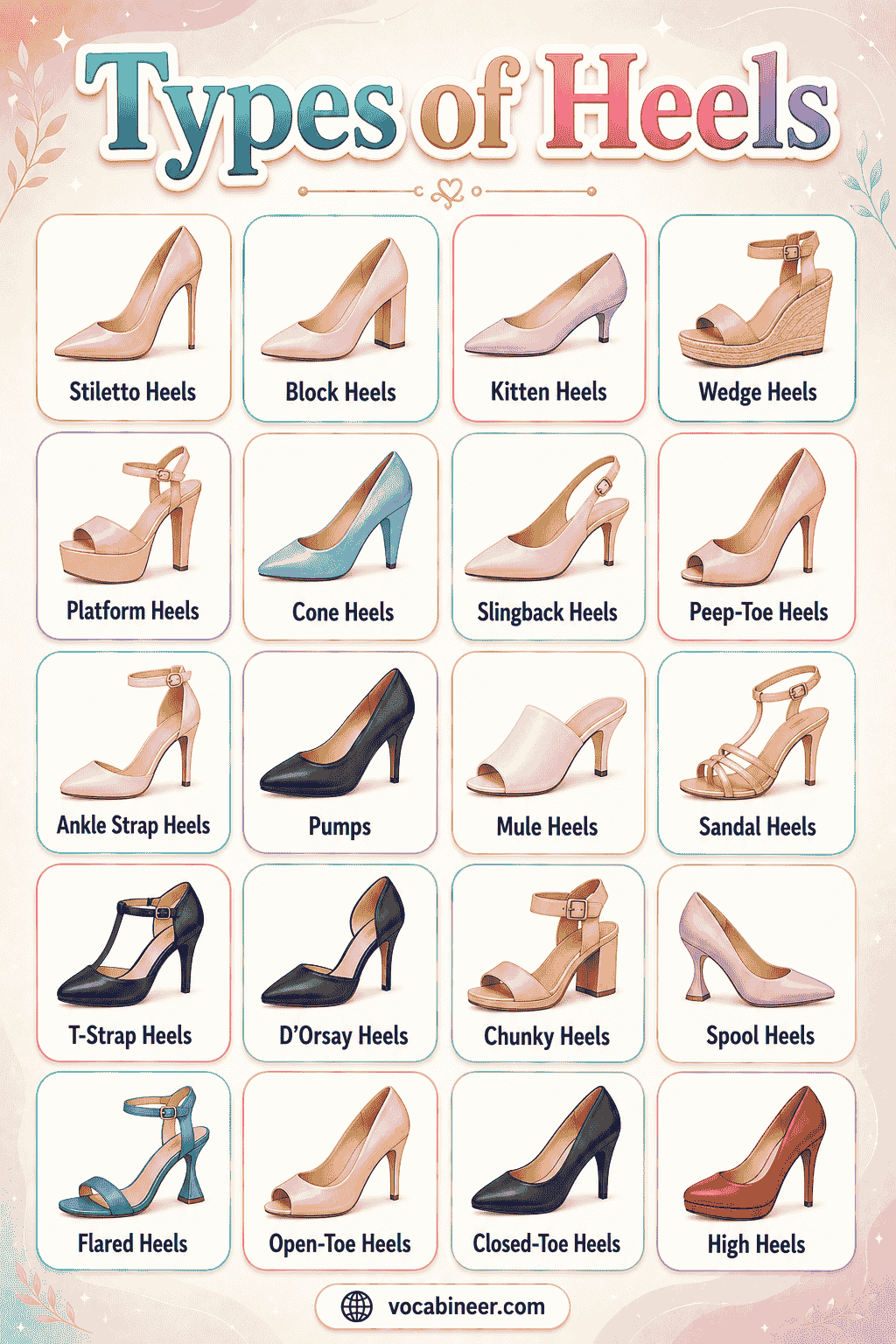 A visual footwear chart showing different types of heels for women, including stiletto heels, block heels, kitten heels, wedge heels, platform heels, cone heels, and spool heels.
