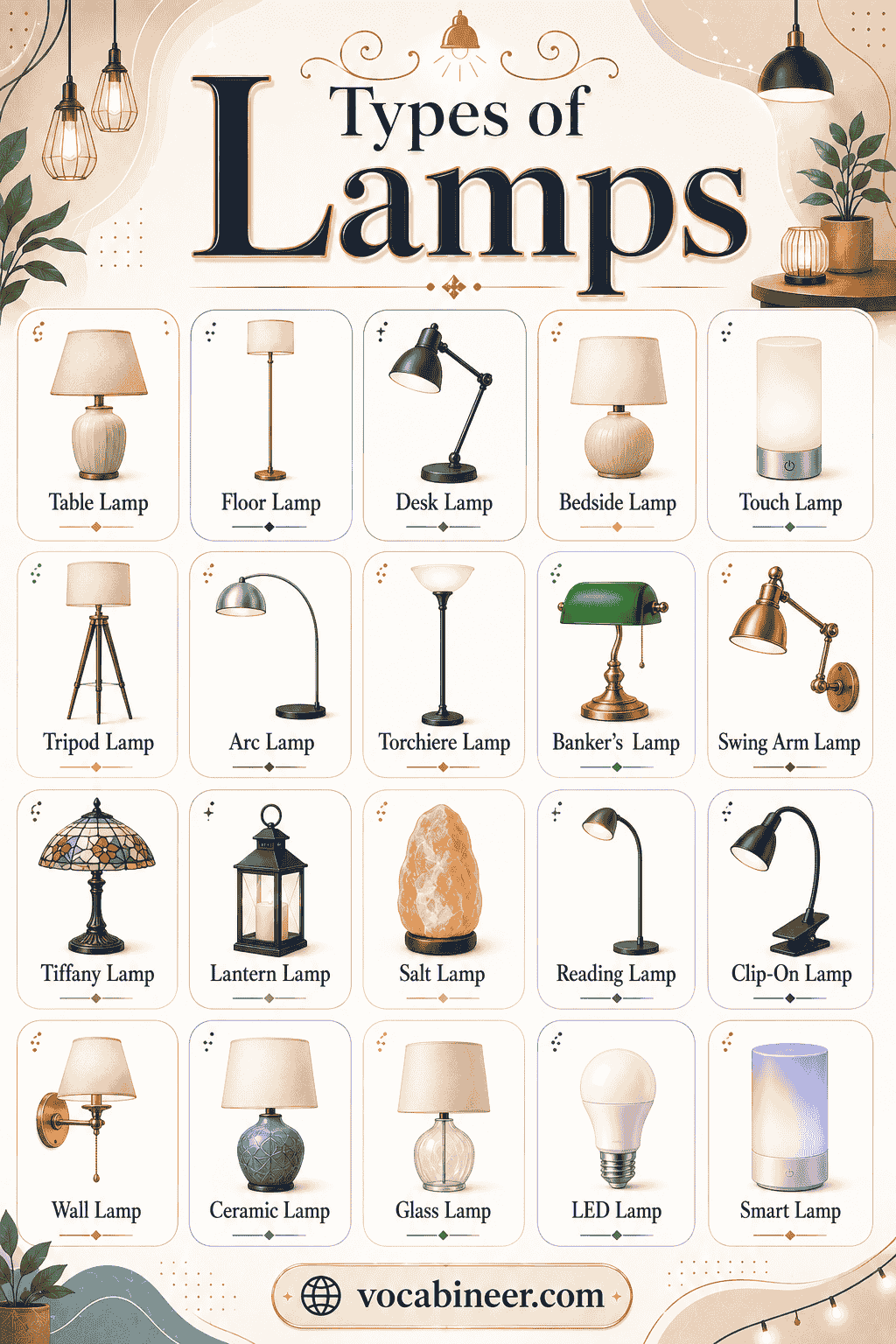A visual home lighting chart showing different types of lamps with uses and pictures, including table lamp, desk lamp, floor lamp, bedside lamp, wall lamp, ceiling lamp, pendant lamp, and night lamp.