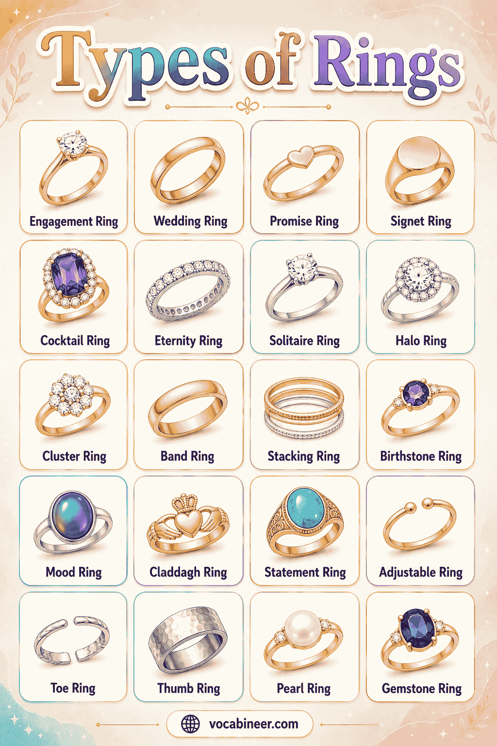 A visual jewelry chart showing different types of rings for fingers, including engagement rings, wedding rings, signet rings, cocktail rings, stacking rings, and band rings.
