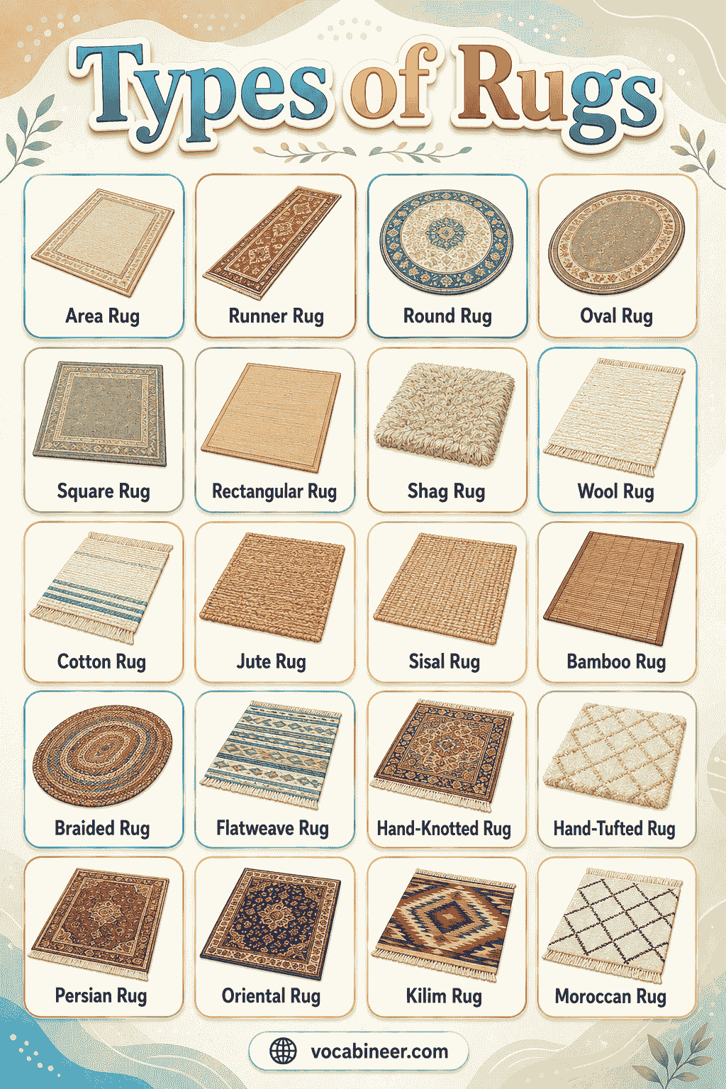 A visual rug guide showing different types of rugs with names, including area rug, runner rug, shag rug, flatweave rug, Persian rug, braided rug, outdoor rug, and washable rug.
