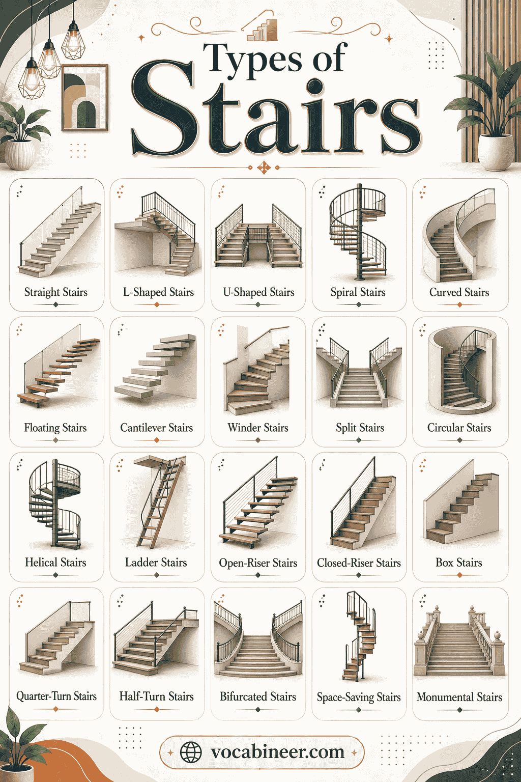 A visual guide showing different types of stairs with clear pictures, names, and common uses.