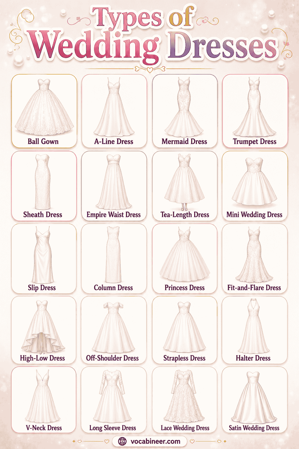 A visual bridal fashion chart showing different types of wedding dresses names, including ball gown, A-line, mermaid, trumpet, sheath, boho, lace, and simple wedding dress.