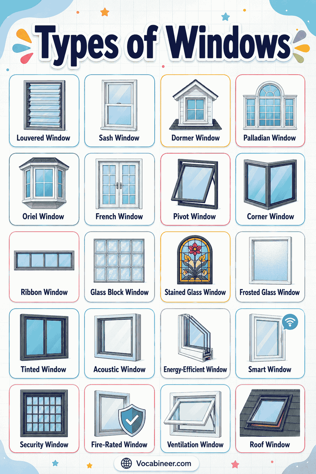 A visual home window guide showing common window types, including single-hung, double-hung, sliding, casement, awning, picture, bay, bow, and skylight windows.