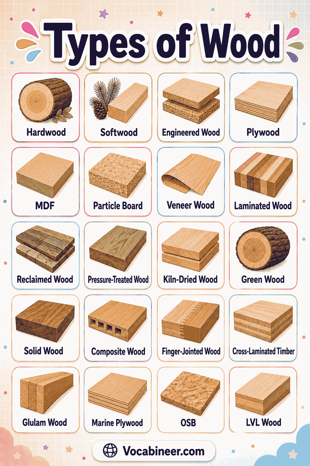 A visual wood vocabulary guide showing different types of wood names with pictures, including oak wood, pine wood, maple wood, walnut wood, cherry wood, teak wood, cedar wood, and plywood.