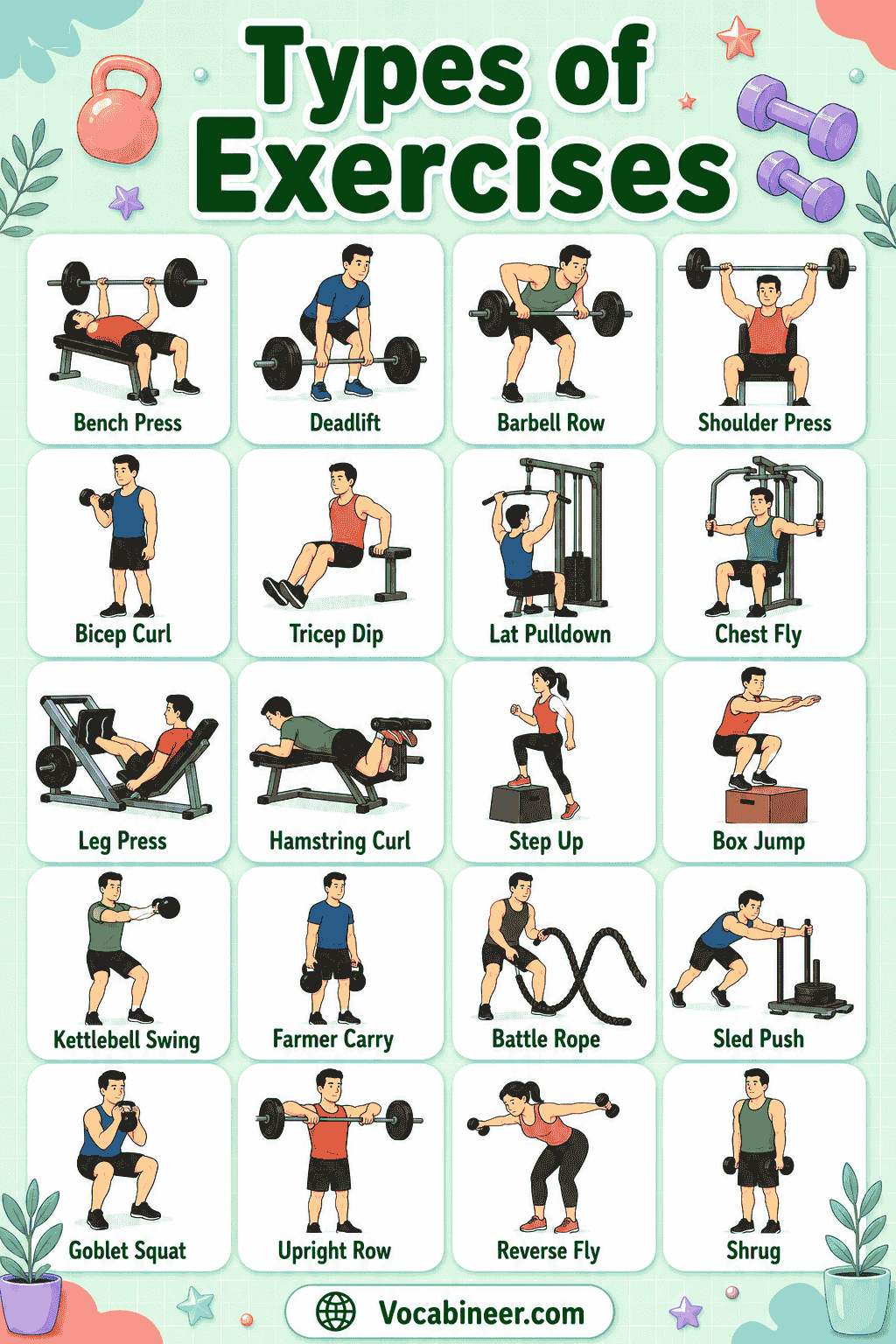 A picture guide showing common exercise names and examples, including walking, running, cycling, swimming, squats, push-ups, lunges, planks, yoga, and stretching.