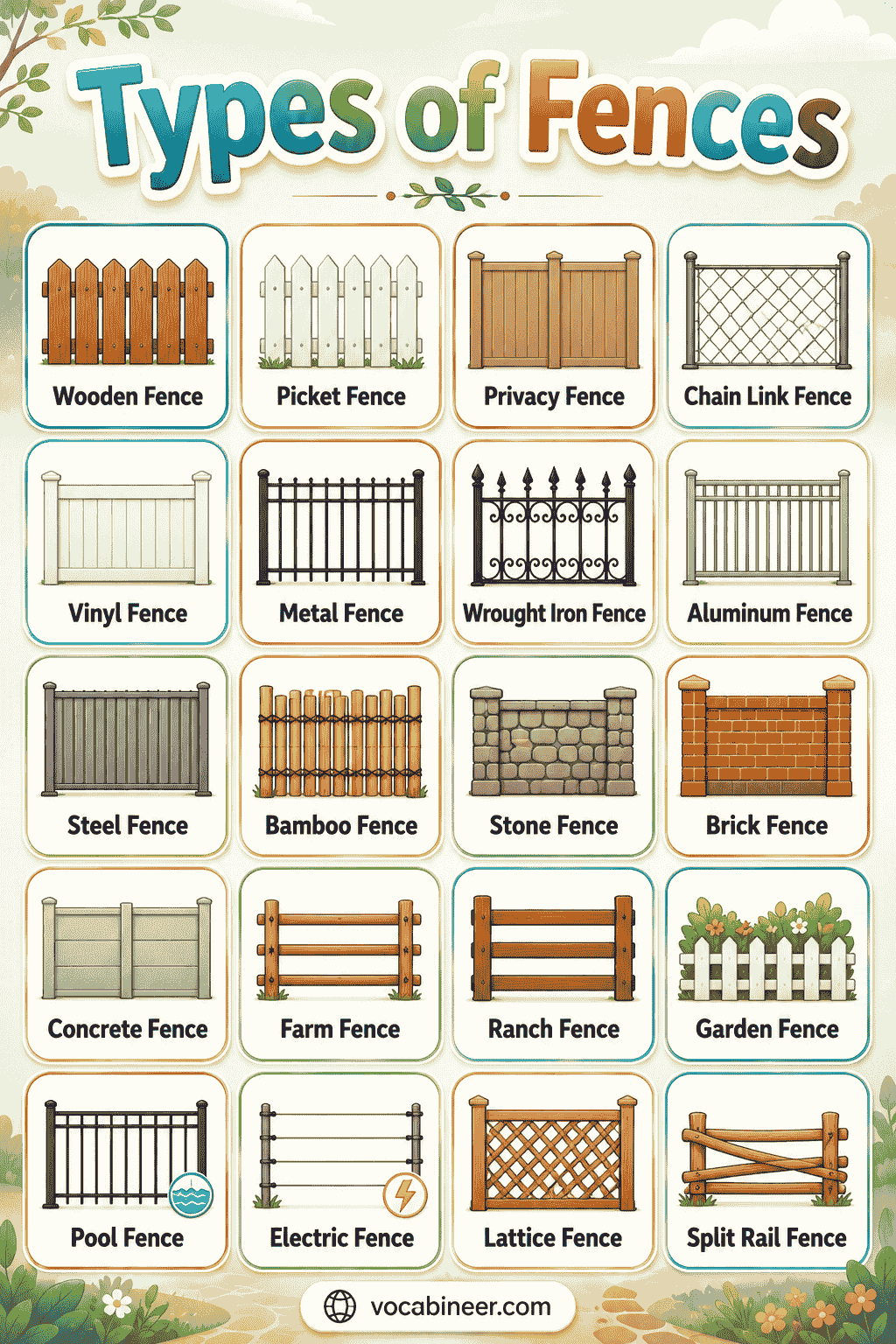 A visual guide showing garden, farm, and animal fences, including garden fence, deer fence, chicken wire fence, livestock fence, split rail fence, and electric fence.