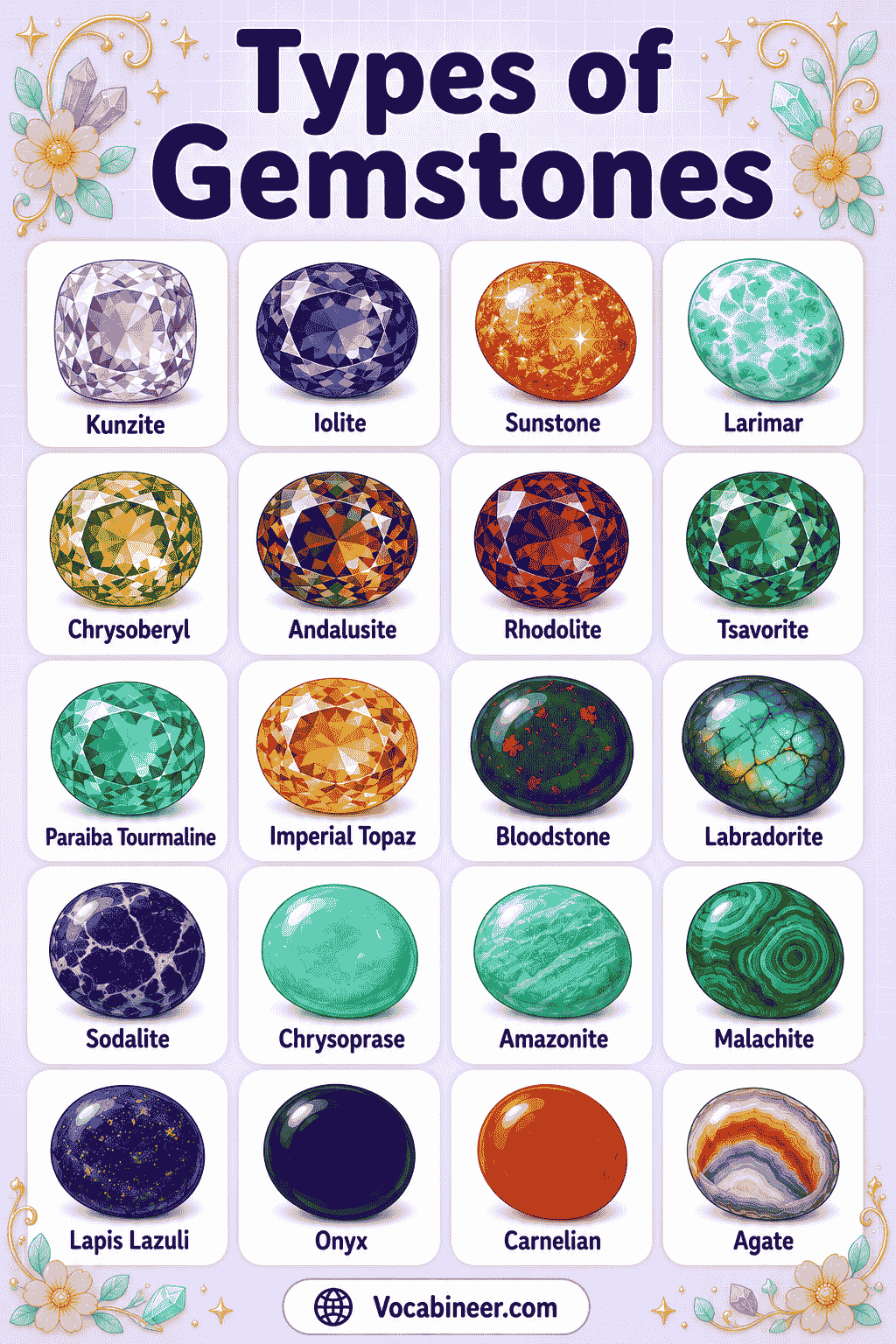 A visual gemstone color chart showing red, blue, green, yellow, purple, pink, black, white, clear, orange, brown, and multicolor gemstones with picture examples.