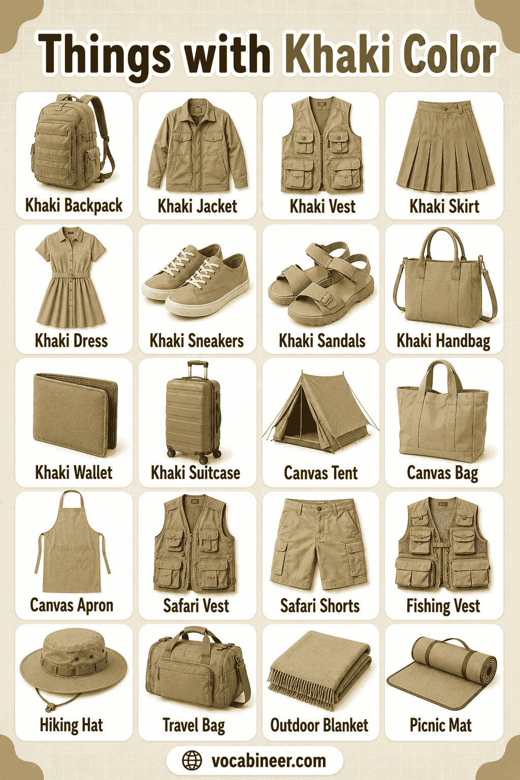 Khaki Color Objects Names for Kids