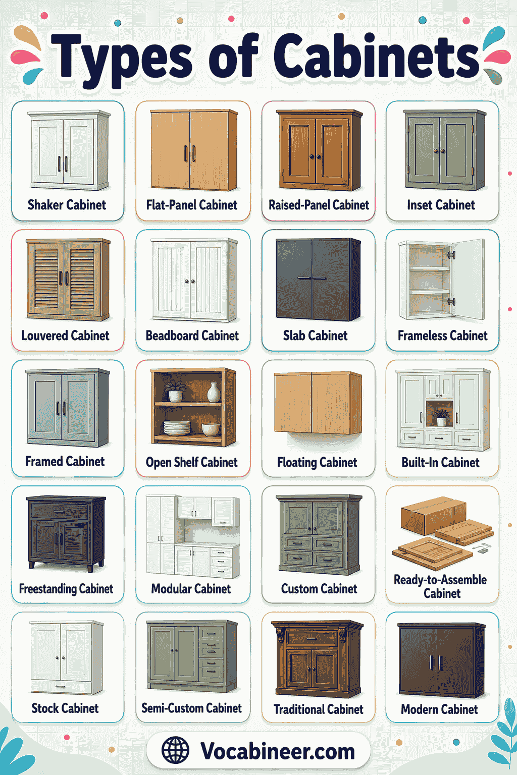 A picture guide showing kitchen and bathroom cabinet names, including base cabinet, wall cabinet, pantry cabinet, vanity cabinet, medicine cabinet, and linen cabinet.
