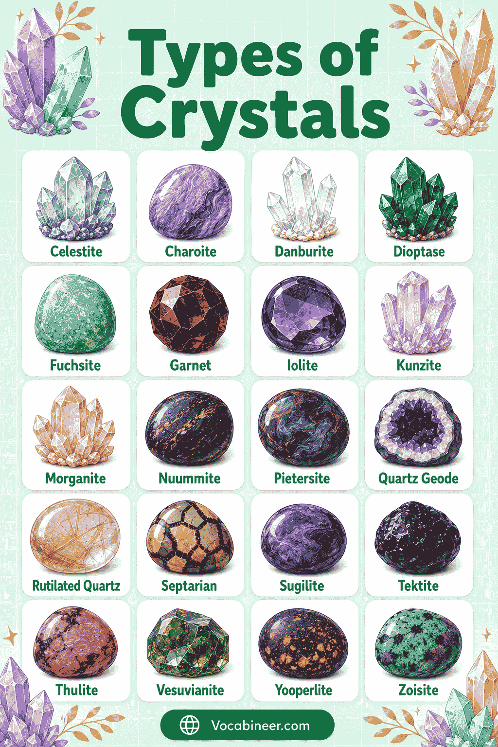 A visual crystal names chart showing common crystals with pictures and meanings, including clear quartz, rose quartz, amethyst, citrine, black tourmaline, selenite, obsidian, tiger’s eye, lapis lazuli, carnelian, green aventurine, jasper, agate, fluorite, and malachite.