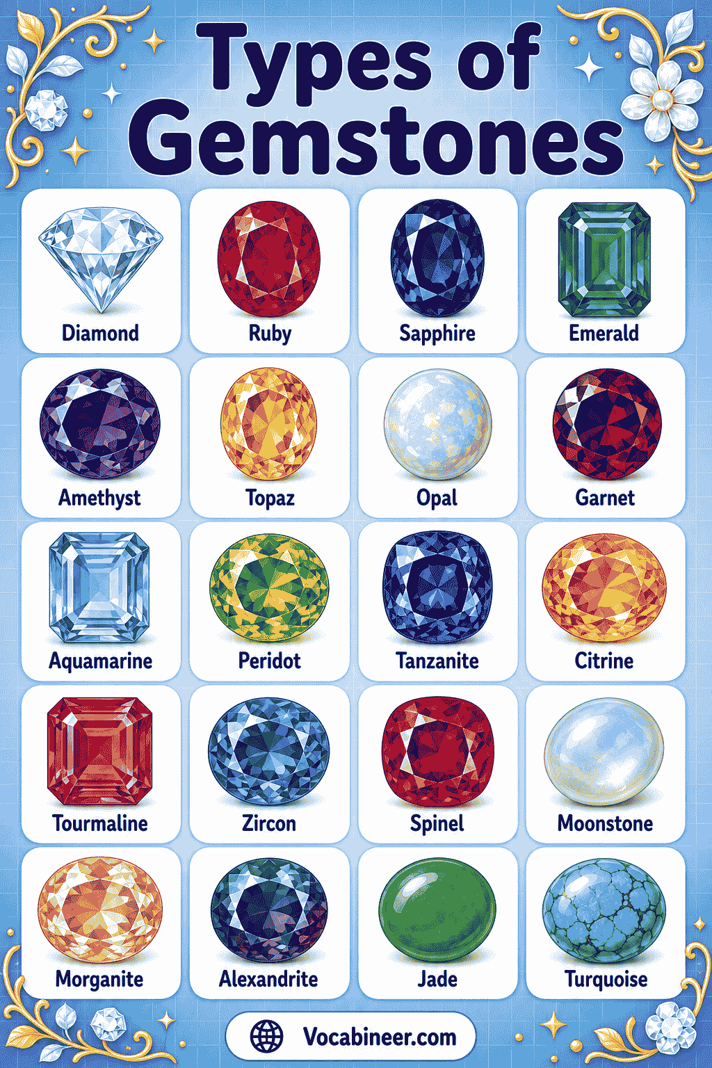 A visual gemstone chart showing common gemstone names with pictures and meanings, including diamond, ruby, sapphire, emerald, amethyst, aquamarine, garnet, topaz, opal, turquoise, pearl, moonstone, peridot, citrine, and lapis lazuli.