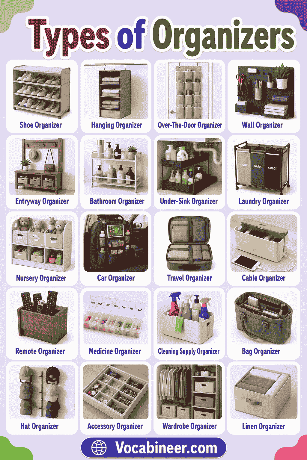 Organizer Names with Uses and Pictures