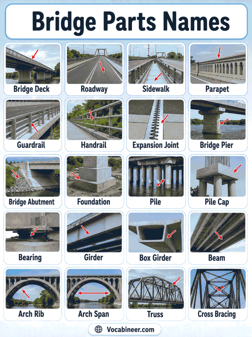 Parts of a Bridge with Names and Pictures