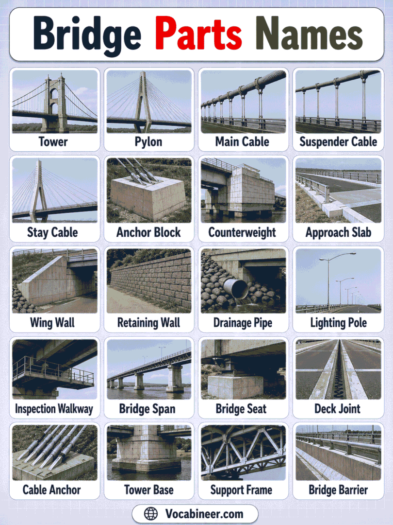 Parts of a Bridge with Names and Pictures