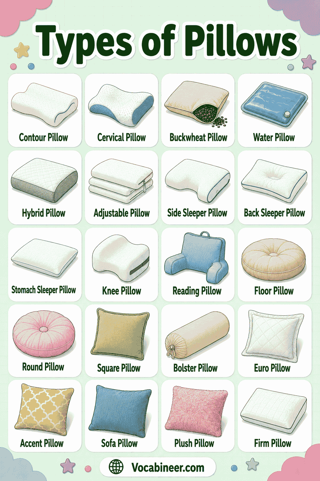Pillow Names with Pictures and Simple Meanings