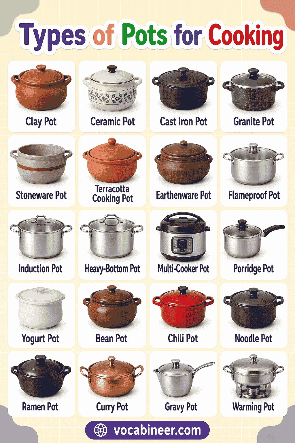 Pot Names in English with Uses and Pictures