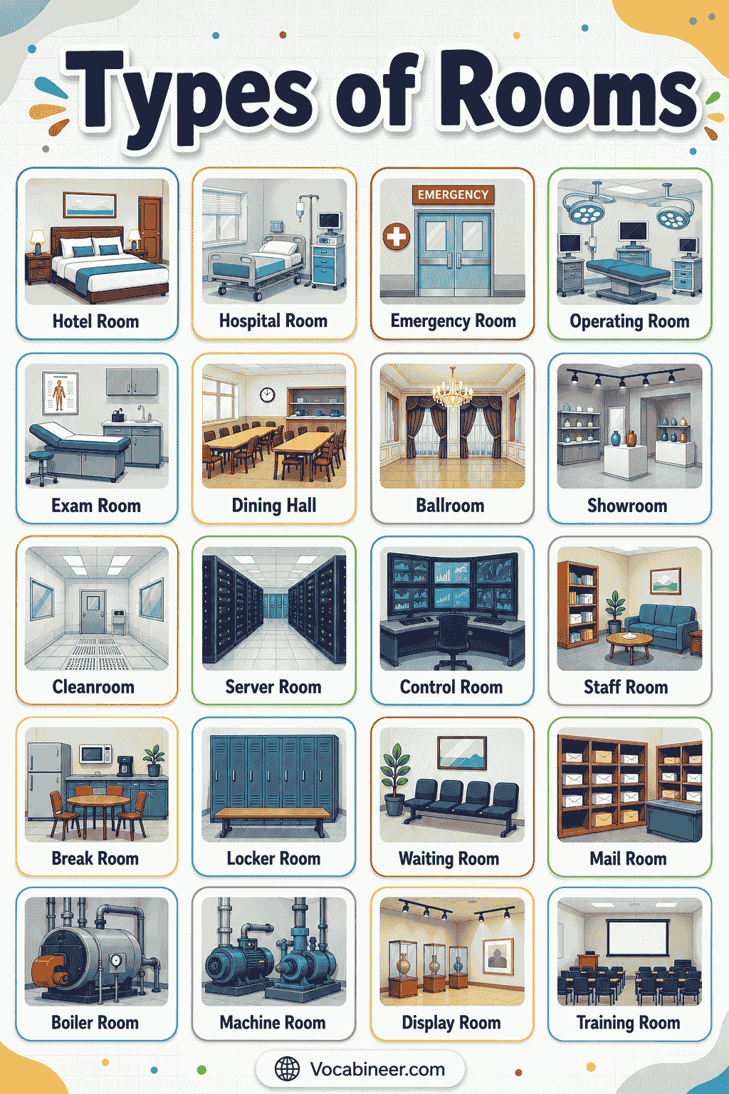 A visual house vocabulary guide showing rooms in a house and their uses, including cooking in the kitchen, sleeping in the bedroom, and relaxing in the living room.