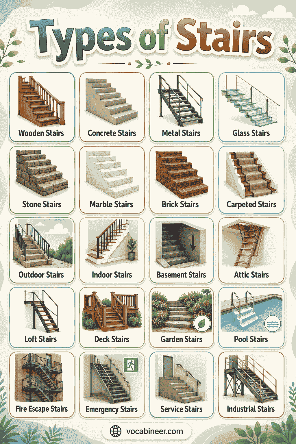 A staircase design guide showing common staircase types and styles with labeled pictures.