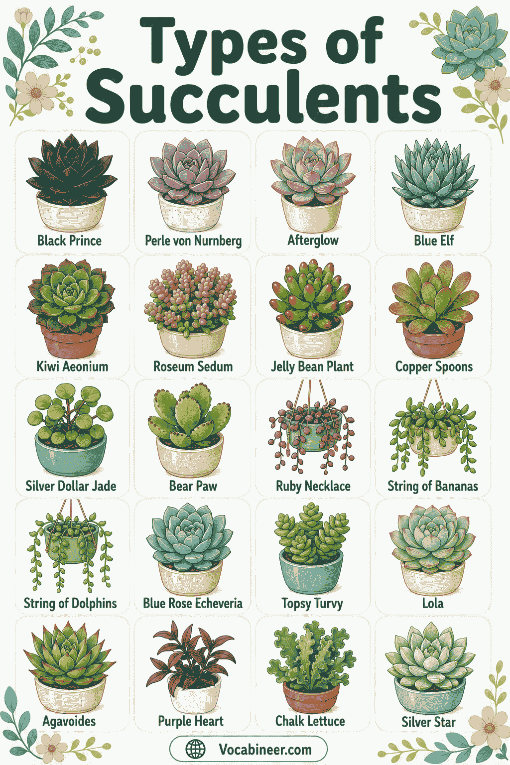 A succulent picture guide showing popular succulent names, including Aloe Vera, Echeveria, Haworthia, Gasteria, Jade Plant, String of Pearls, Burro’s Tail, Sempervivum, Lithops, and Prickly Pear Cactus.