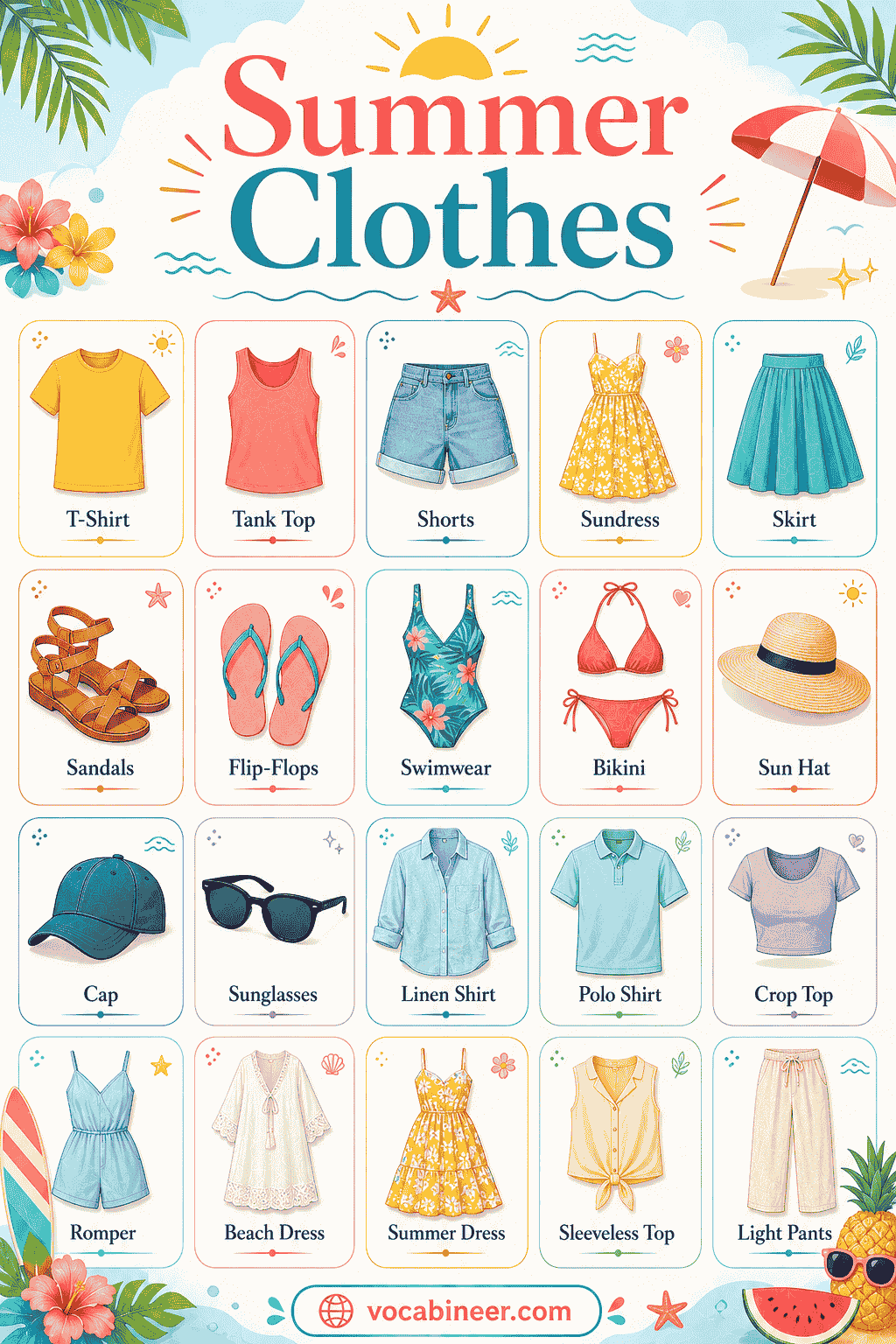 A visual clothing vocabulary chart showing summer clothes names in English with pictures, simple meanings, fabrics, and examples.