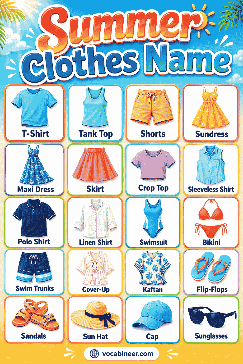 A visual summer outfit chart showing casual summer clothes, beachwear, swimwear, footwear, accessories, and kids’ summer clothes.