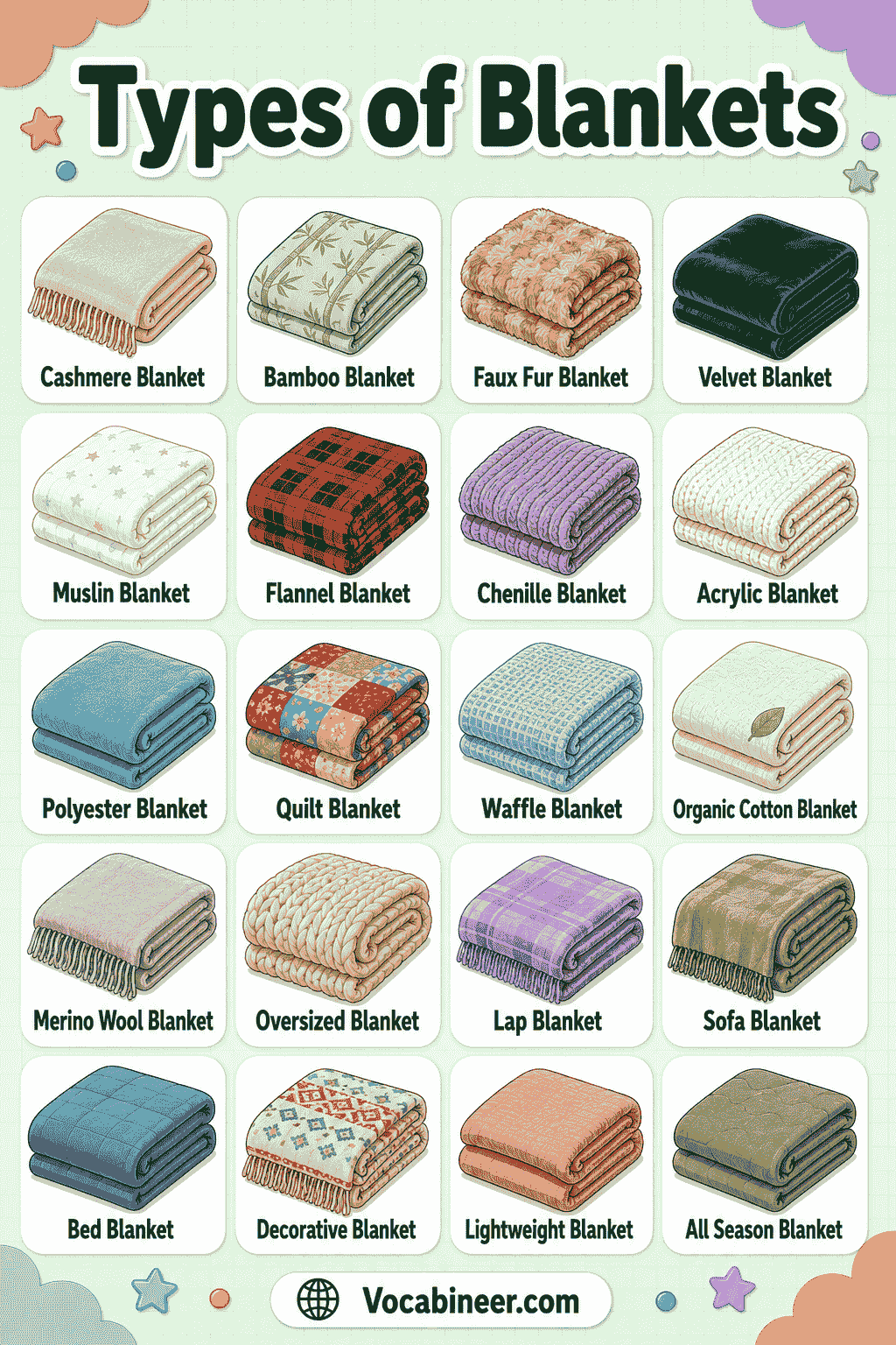 A visual guide showing different types of blankets with uses, including fleece blanket, wool blanket, cotton blanket, sherpa blanket, throw blanket, quilt, comforter, and weighted blanket.