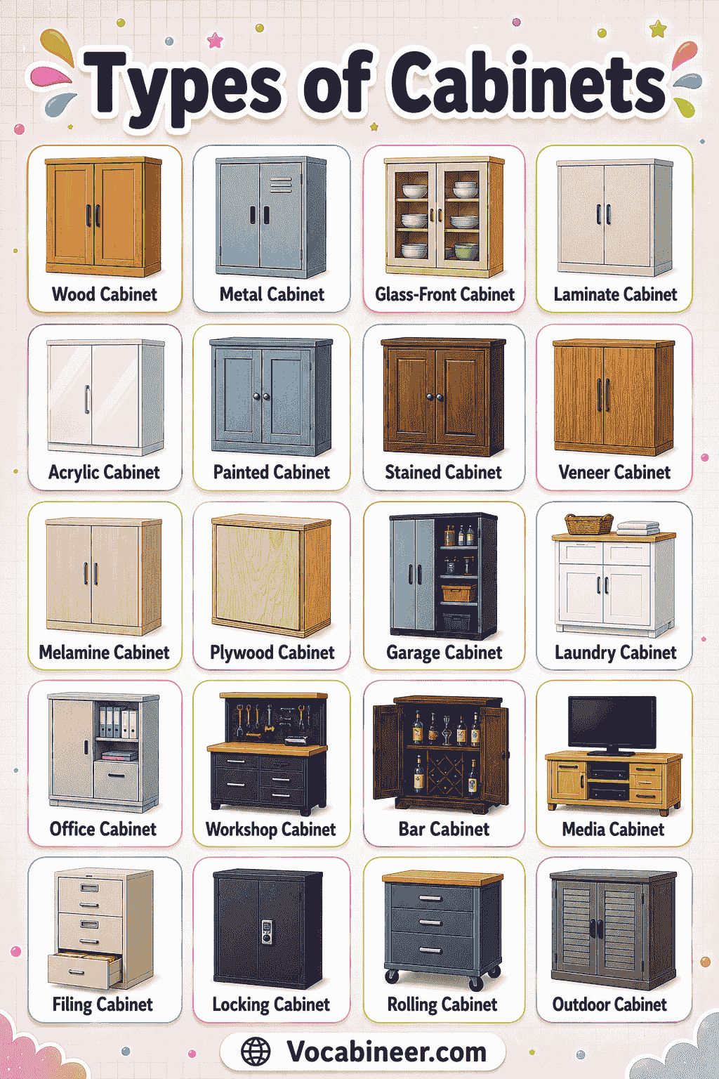 A simple cabinet names chart showing popular storage cabinet types used in homes, offices, kitchens, and bathrooms.