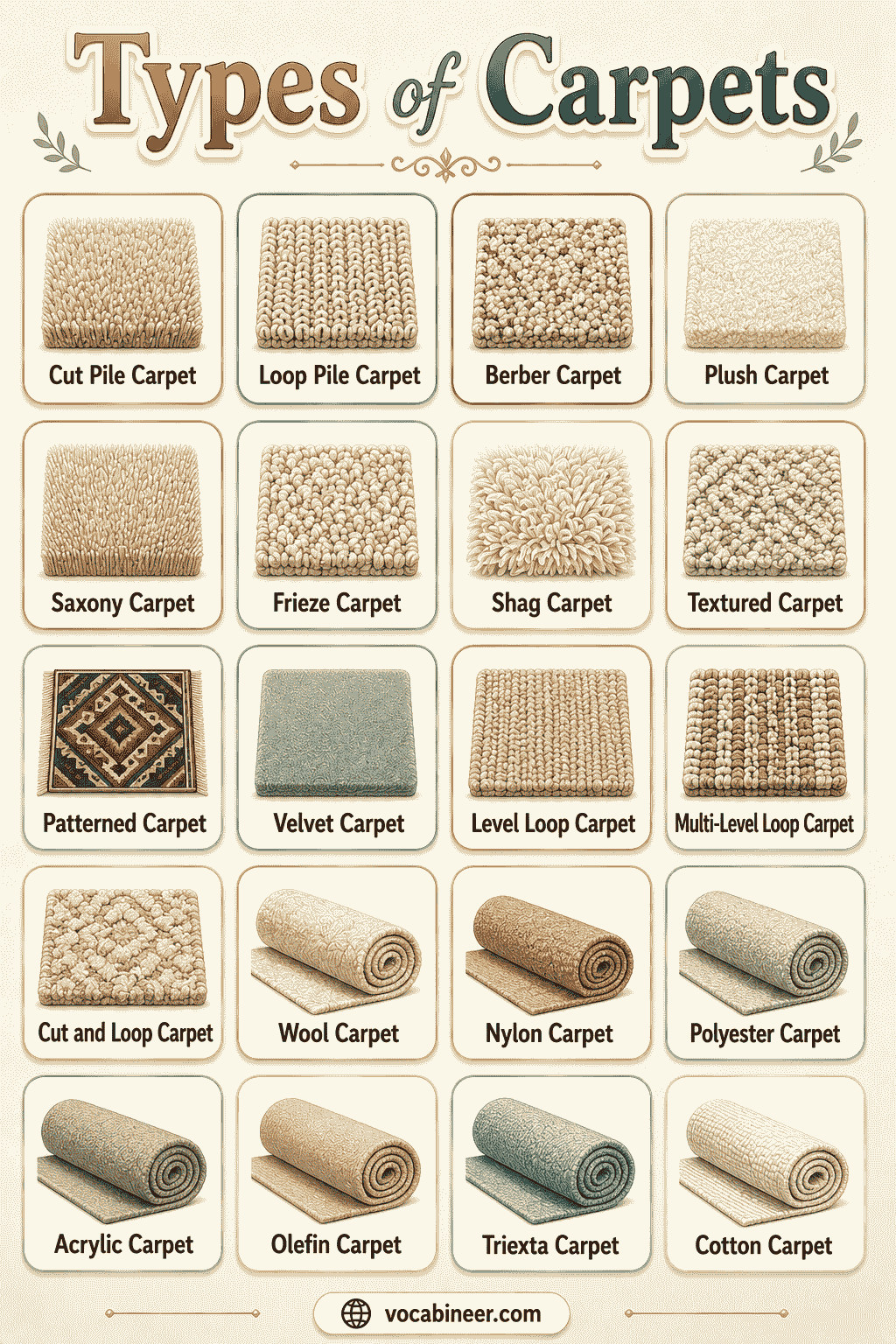 A visual home flooring chart showing types of carpets for living room spaces, including area carpet, wool carpet, Persian carpet, shag carpet, Berber carpet, and patterned carpet.