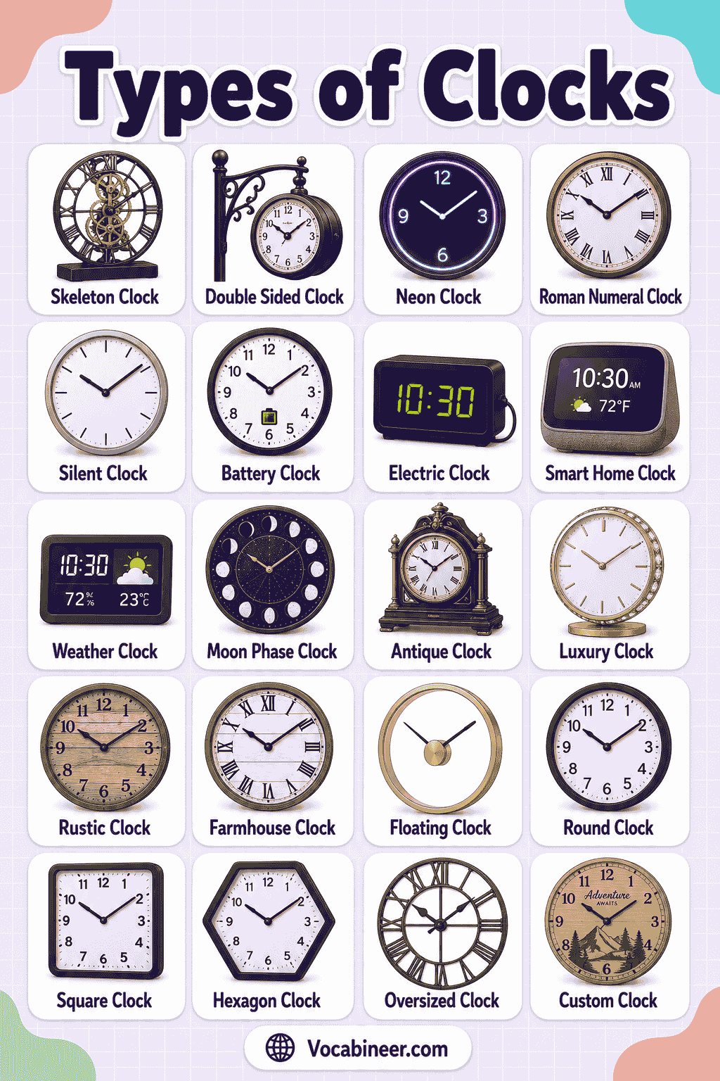 Types of Clocks Chart with Pictures