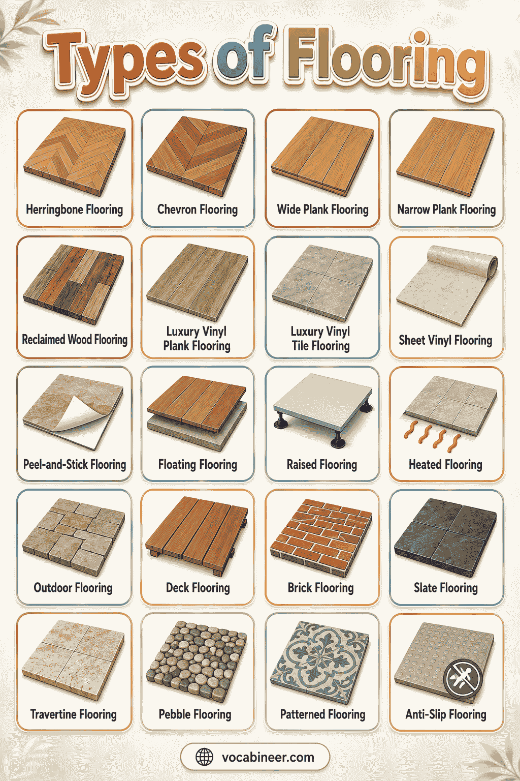 A visual flooring chart showing flooring groups with picture examples, including wood flooring, tile flooring, soft flooring, waterproof flooring, outdoor flooring, and commercial flooring.