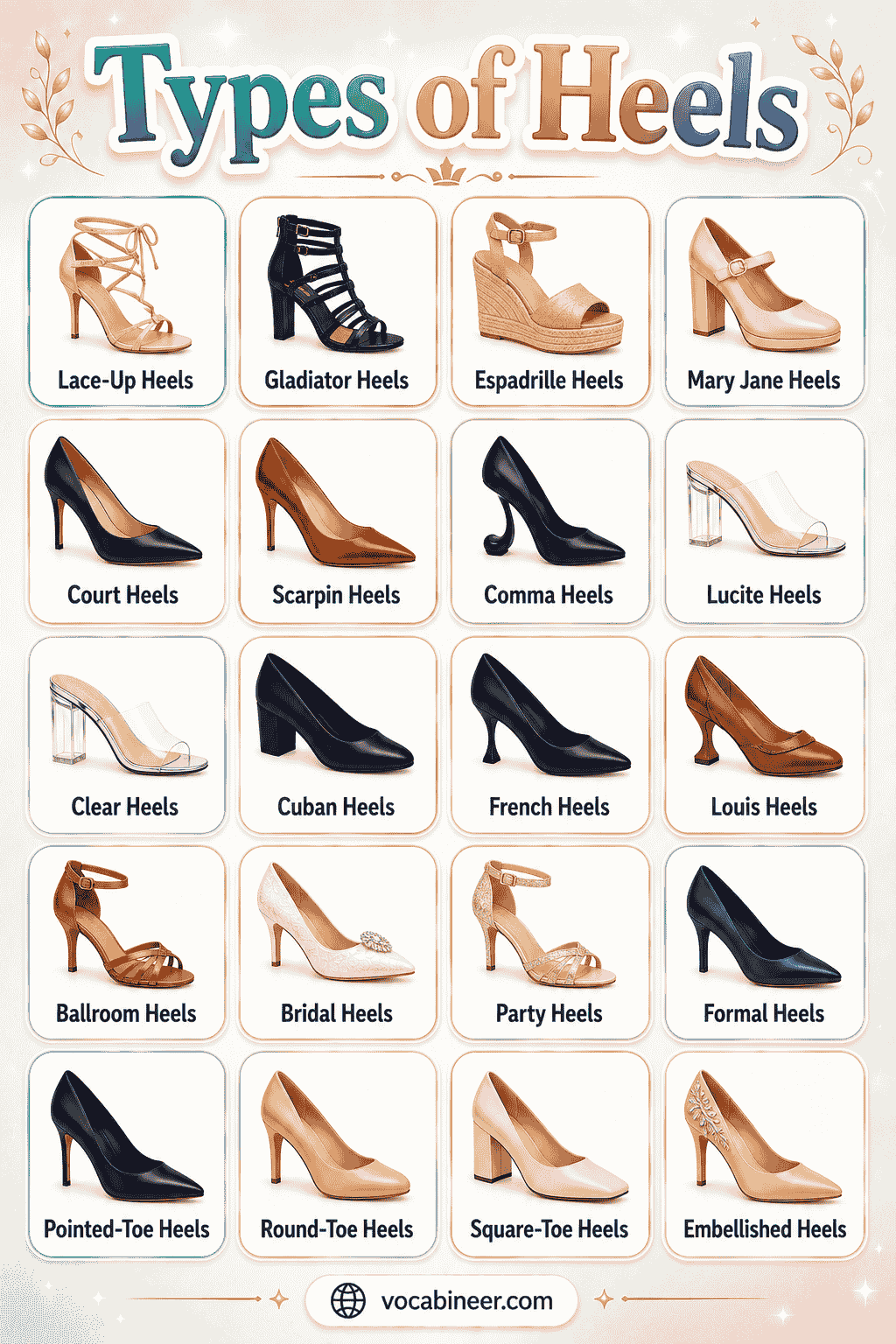 A visual footwear chart showing types of heels with pictures, including stiletto heels, block heels, kitten heels, wedge heels, platform heels, cone heels, spool heels, and Cuban heels.