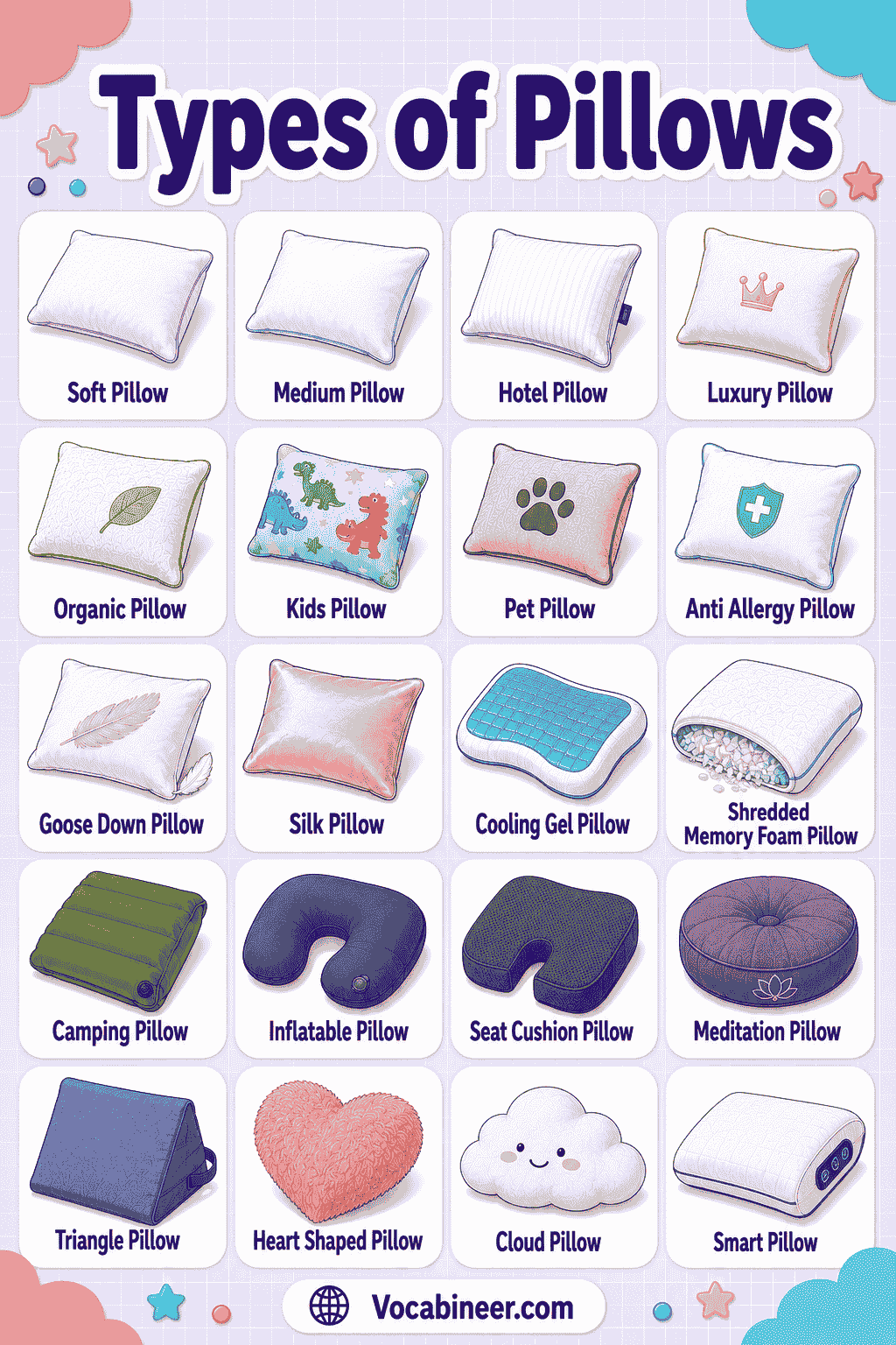 Types of Pillows Chart with Pictures