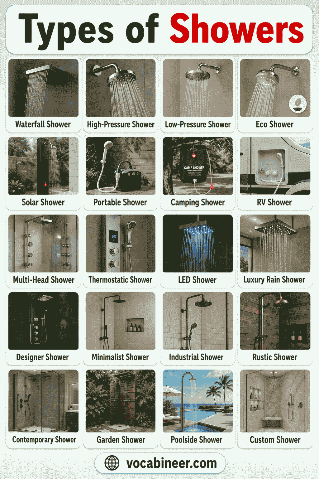 Types of Showers Chart with Names and Uses