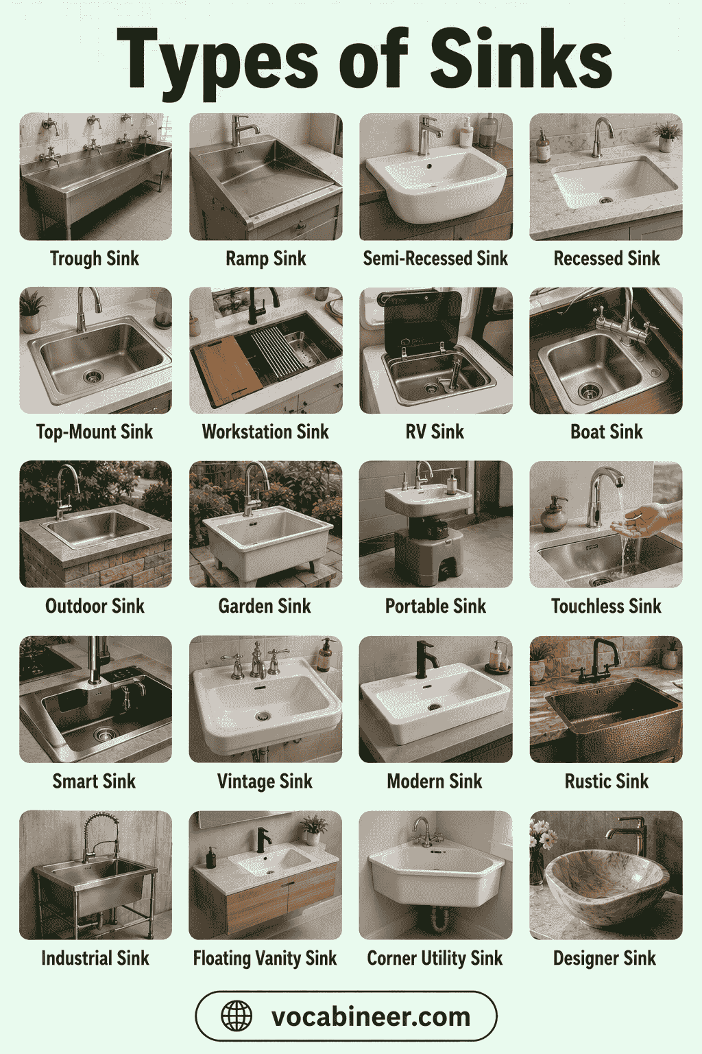 Types of Sinks Kitchen, Bathroom, and Utility