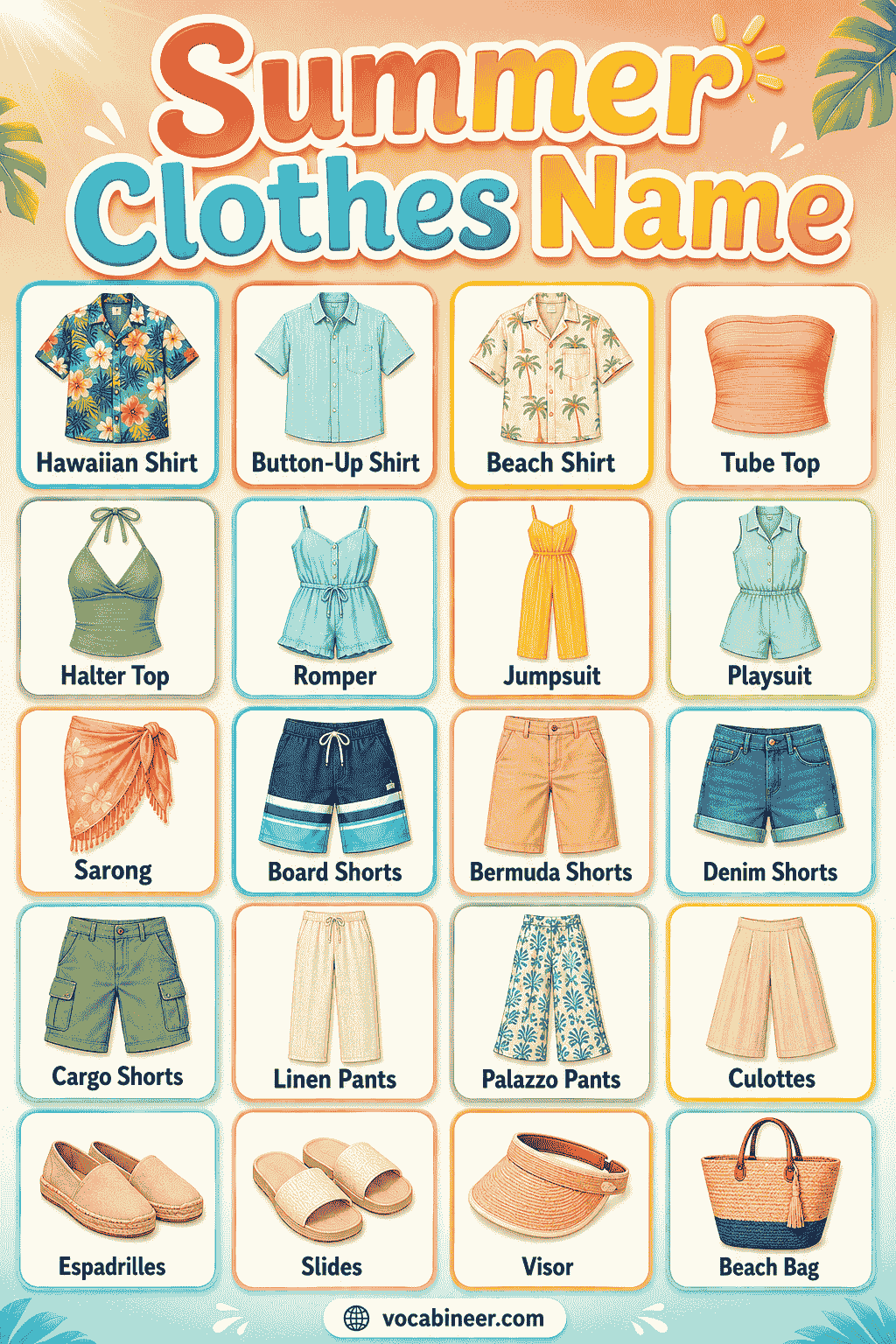 A visual summer clothing chart showing types of summer clothes in English, including T-shirt, shorts, tank top, sundress, sandals, flip-flops, sunglasses, and swimsuit.